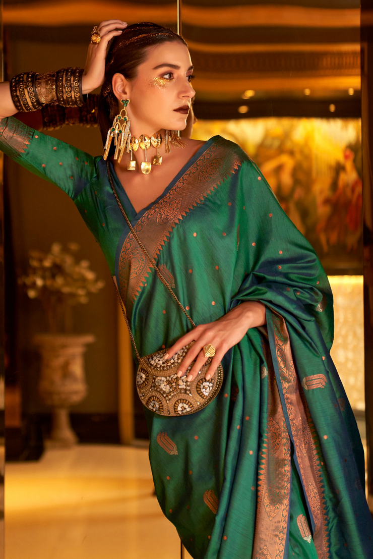 Buy Turquoise Green Saree with Peacock Patterns Online in the UK @Mohey -  Saree for Women