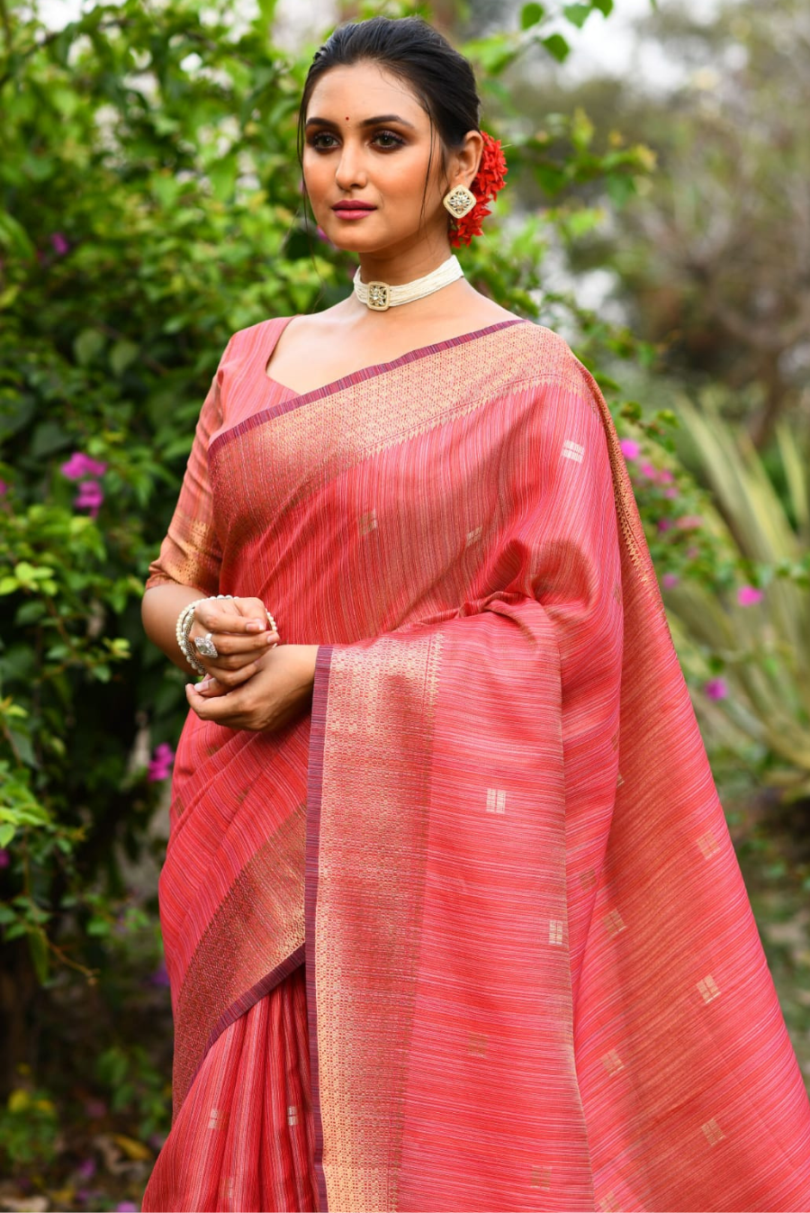 Pink Maheshwari Tissue Silk Cotton Saree