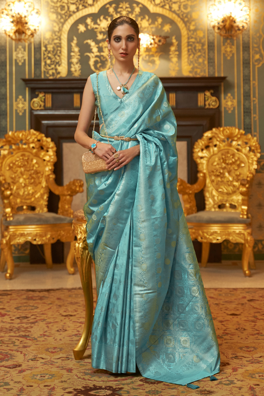 Latest Pure Silk Saree in Blue Color Online on dvanza 2022 dvz0003390