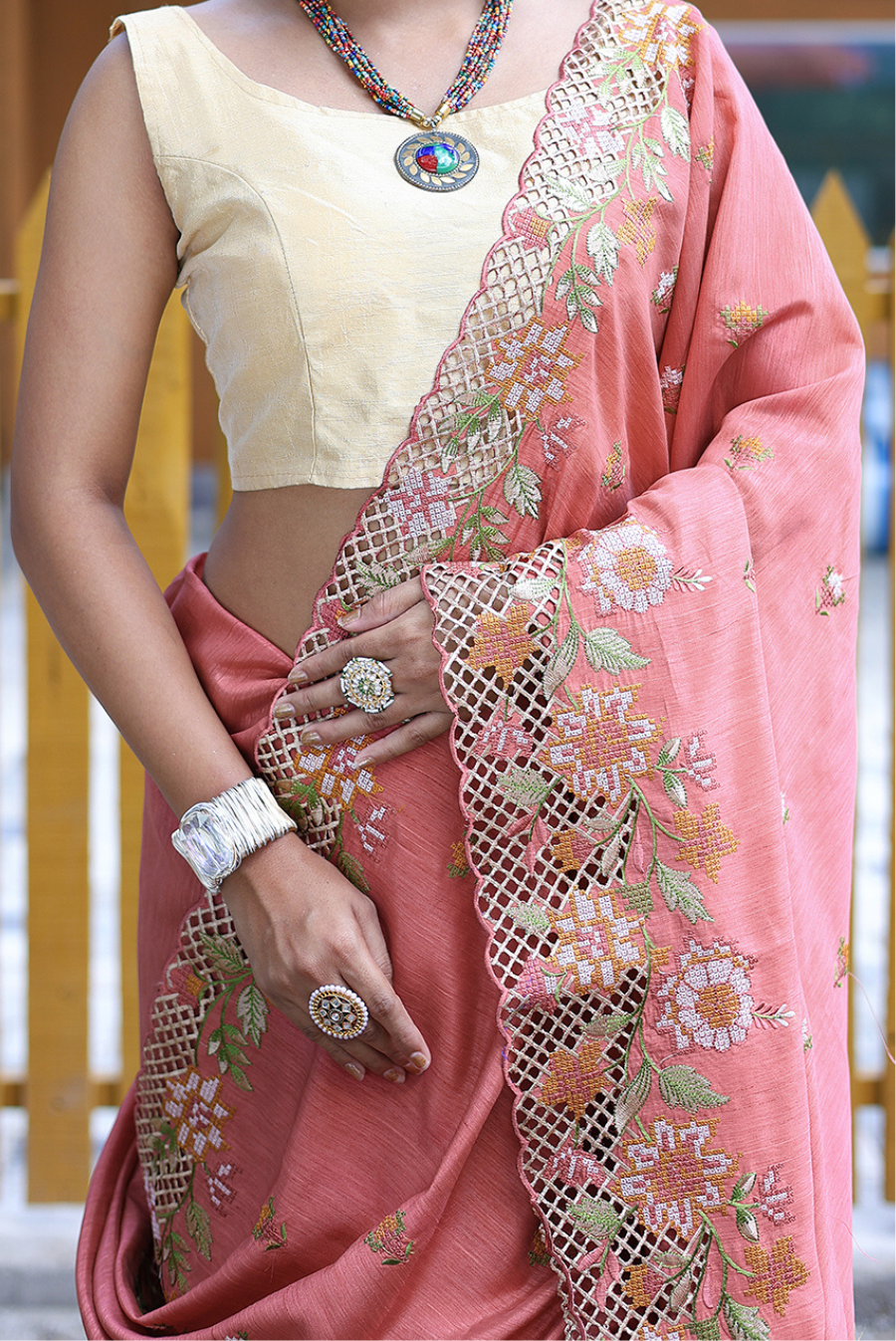 Golden Beige Pure Bengal Tussar Cutwork Sarees with Running Blouse pie –  www.soosi.co.in