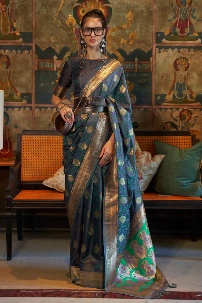 Katan Pure Silk Saree in Peacock Blue Green With Zari Buttas & Red Border  with Grand Pallu | SILK MARK CERTIFIED