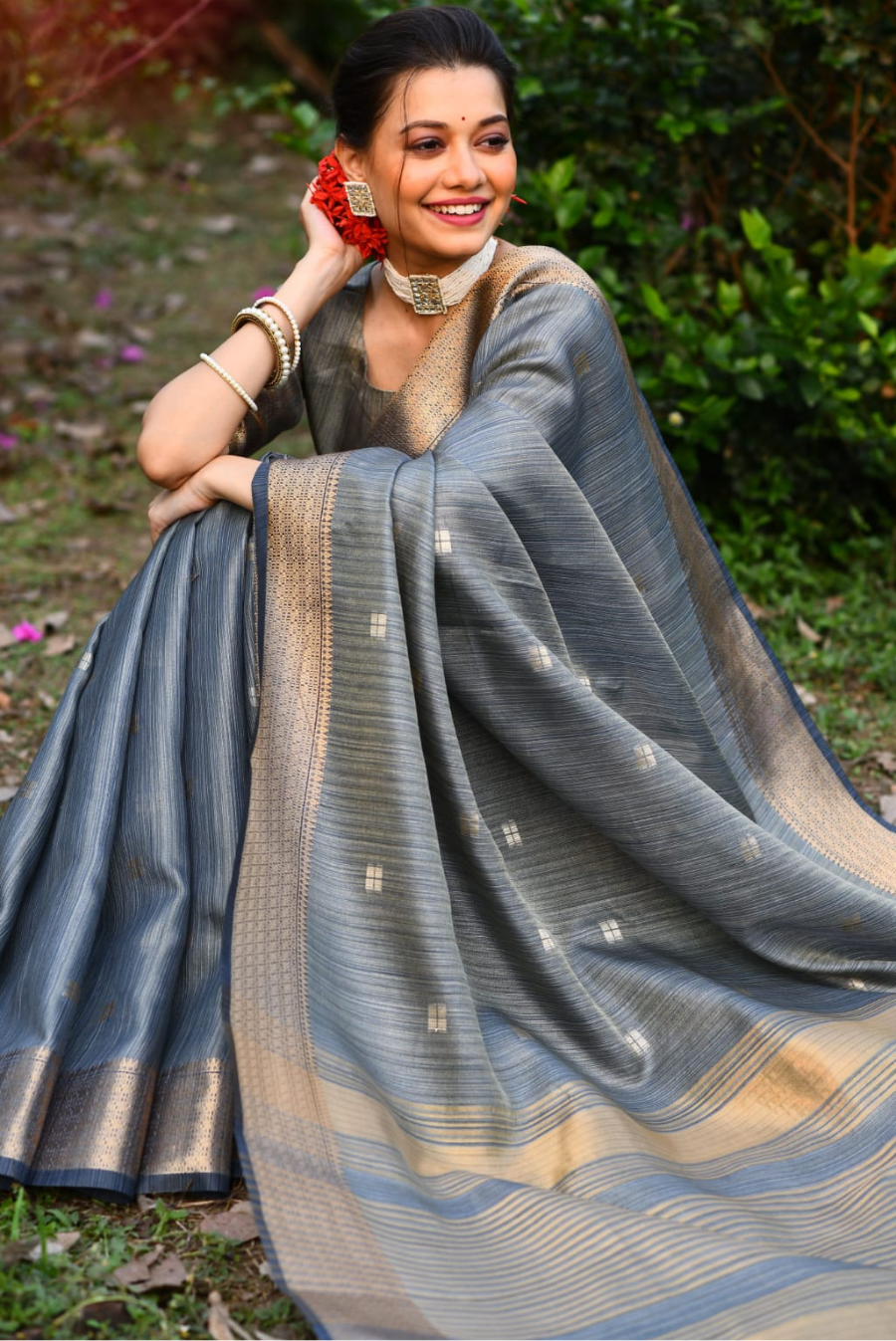 Lite Grey Border Saree For Housekeeping & Facility Services