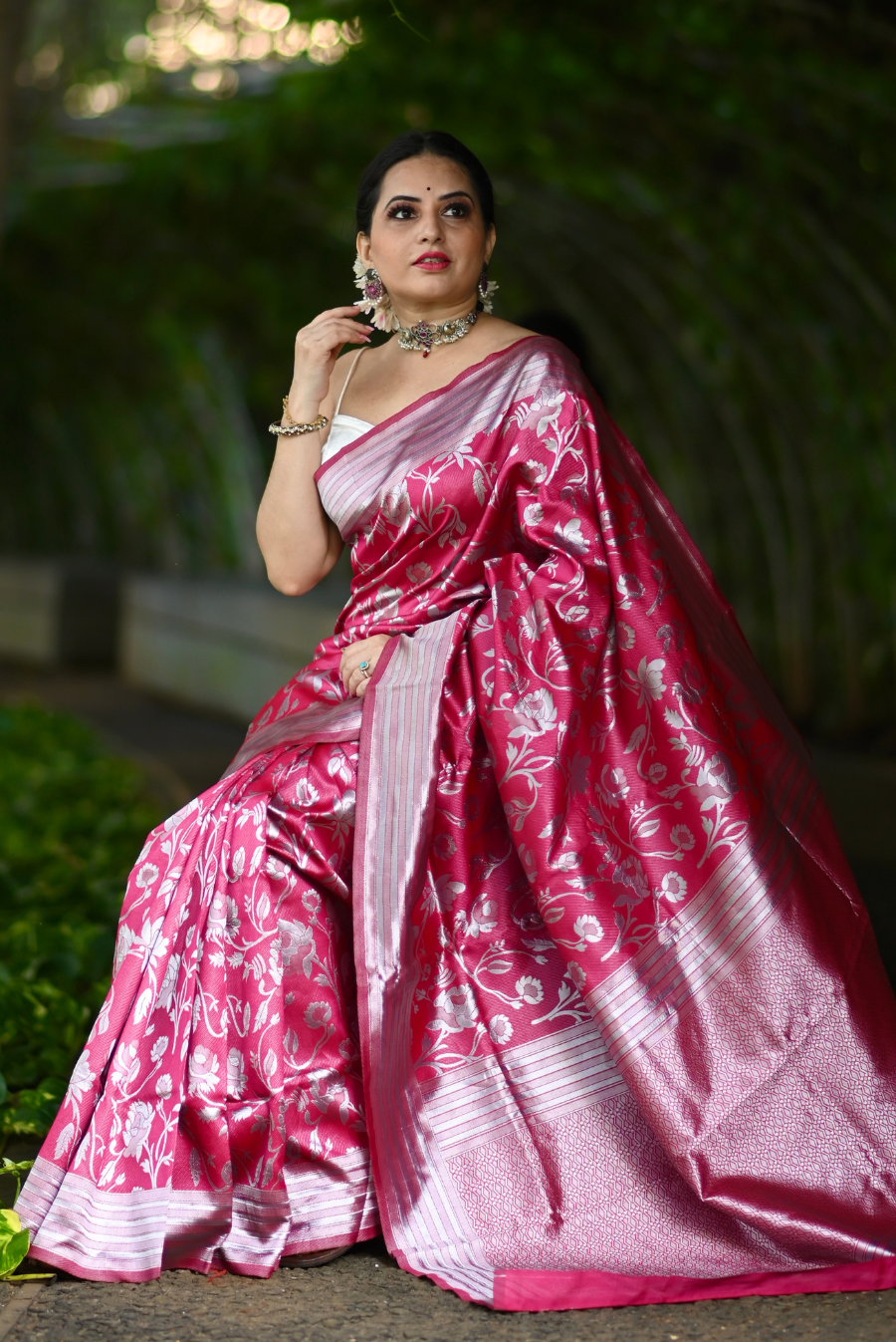 Neerus Burgundy Silver-Toned Pure Silk Floral Woven Design Saree –  neerus-india